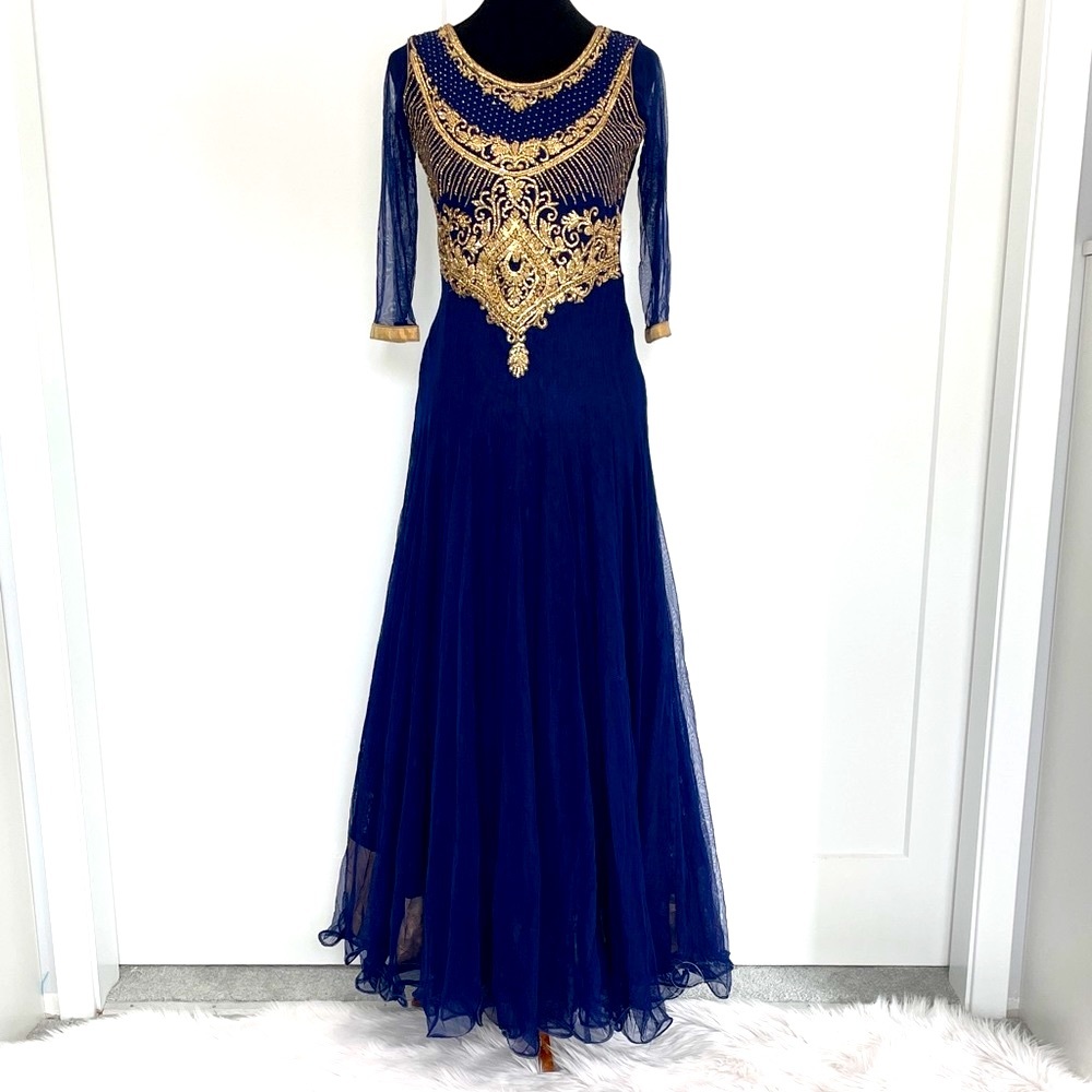 ROYAL BLUE & GOLD ANARKALI w/Studded Gold Embellishment